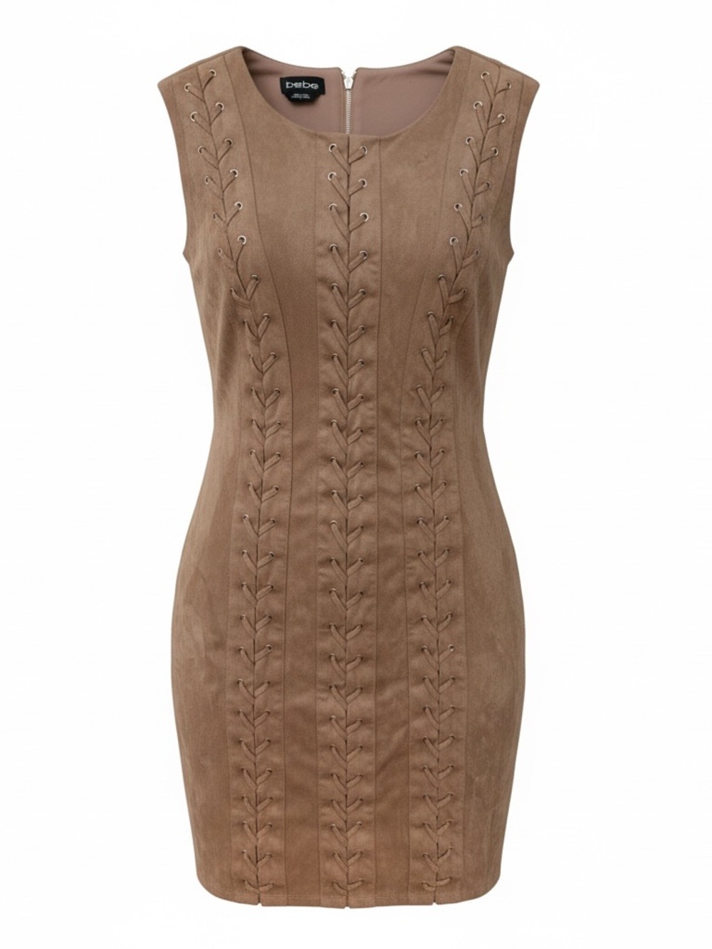 Bebe Dress Size 8 Brown Faux Suede Lace Up Bodycon Y2K Sleeveless Mini